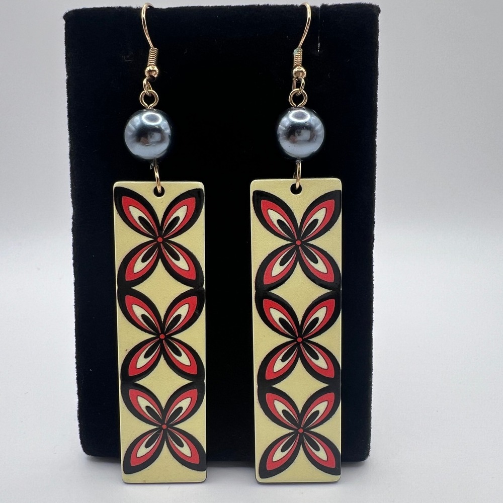 Geometric Floral Rectangle Drop Earrings Cream Red Black Faux Pearl Dangle